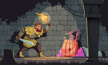 Cartoon knight with a sword and torch confronting a mouse with a spear in a stone room.